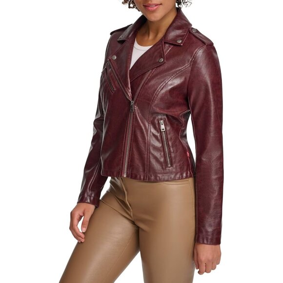 Women's The Classic Faux Leather Moto Jacket Font Full Zipper Oxblood Gloss Pu - Picture 2 of 5